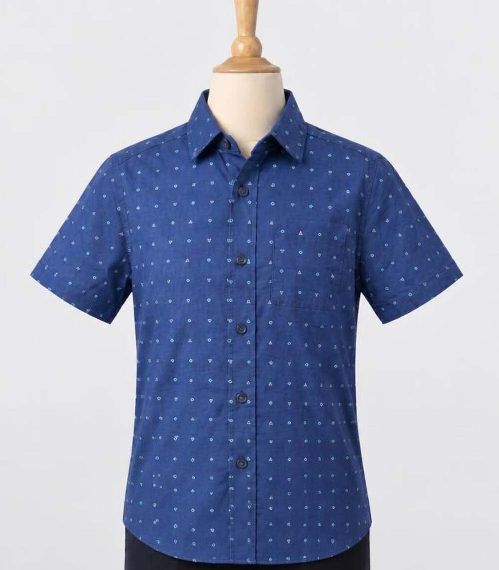 The Children's Place Boys Blue Geometric Short Sleeve Button-Up Shirt 7-8